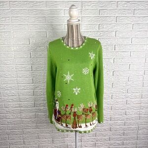 Vintage Quacker Factory Green Santa’s Sleigh Christmas Sweater Size Small
